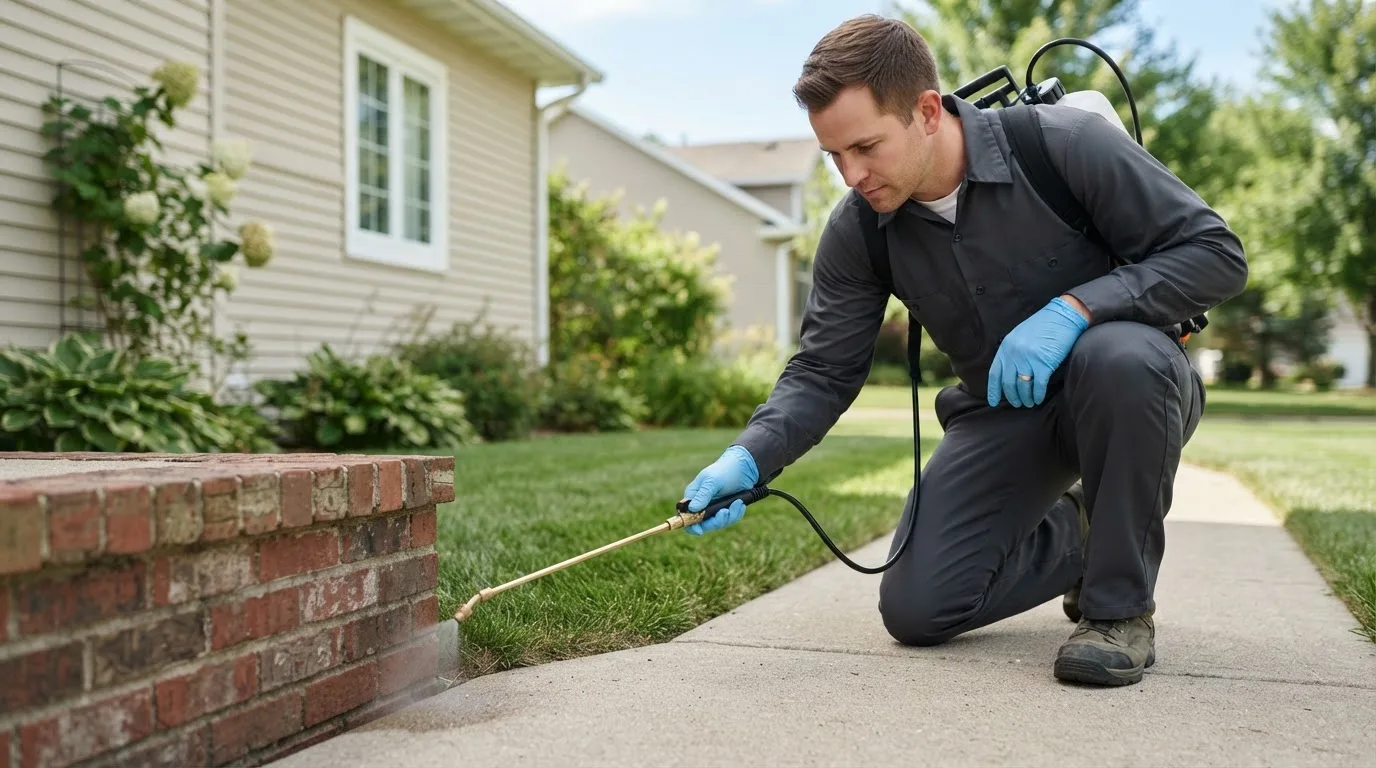 Pest control technician treating a home near Grain Valley, MO